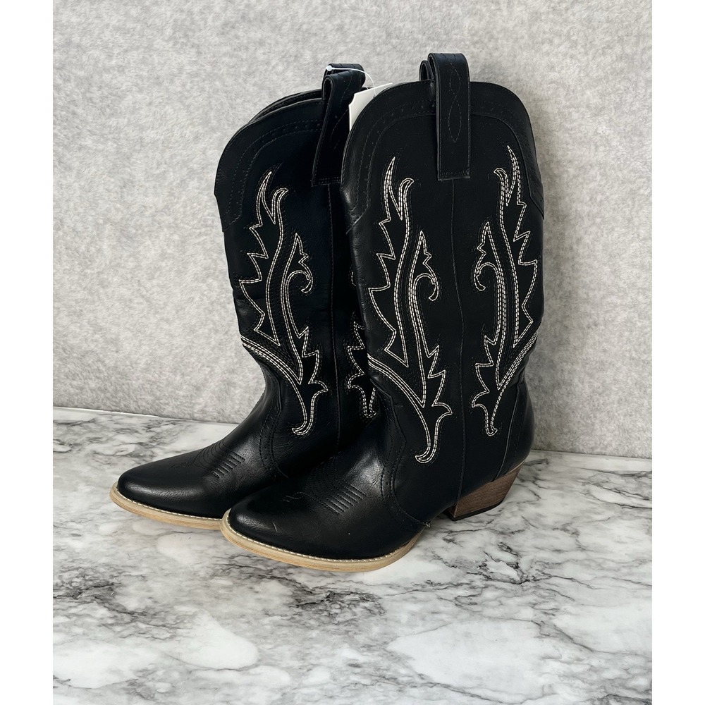 Rollda Women's Mid-Calf Floral Embroidered Western Boots Black Cowgirl Size 9.5